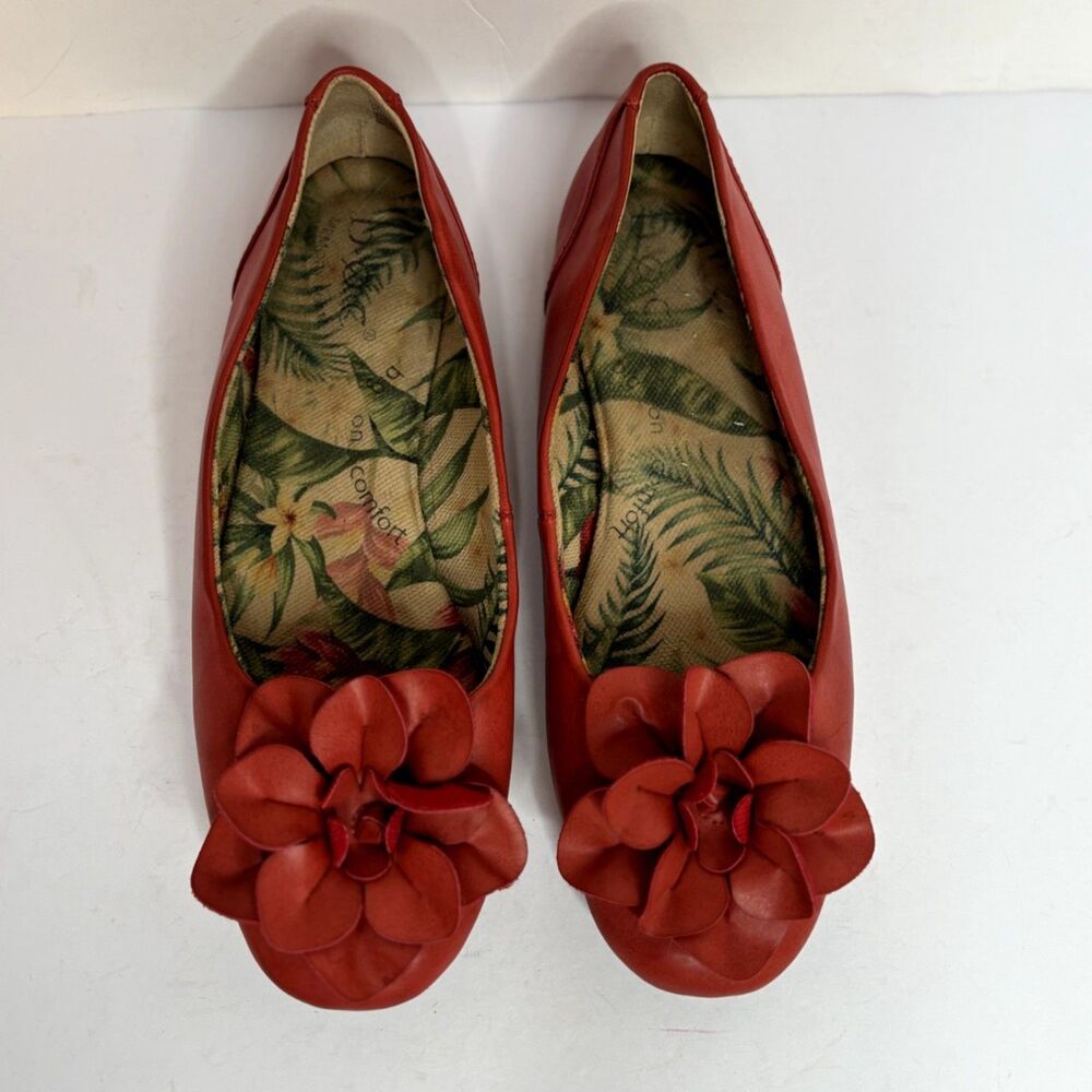 Born Comfort Red Leather Floral Ballet Flats Tropical Lining Womens 8M - Picture 3 of 8